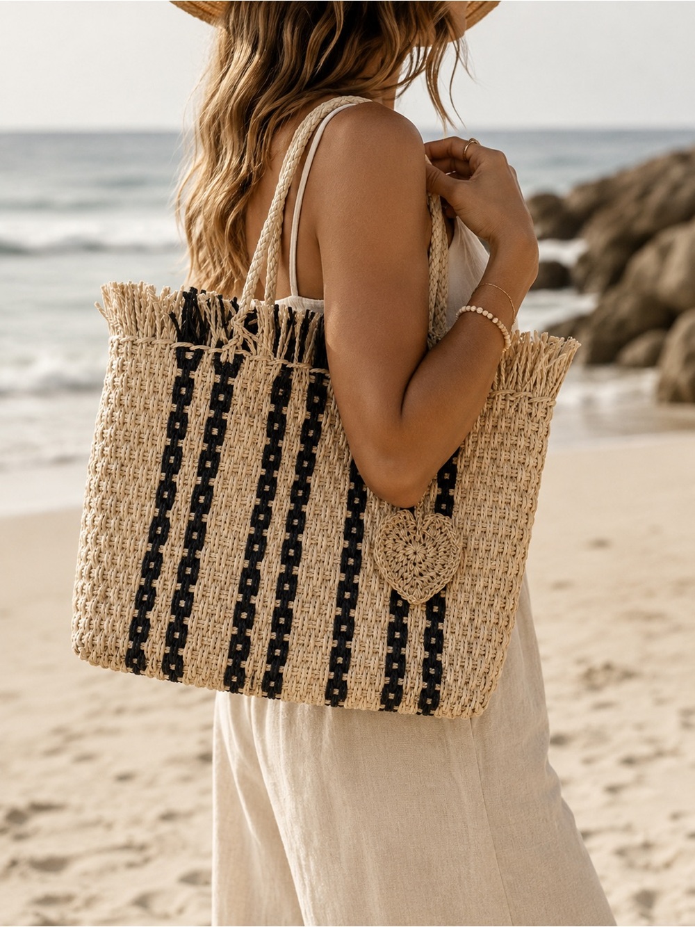 Haute Hippie Natural Straw Tote with Black Stripe Detail and Heart Charm